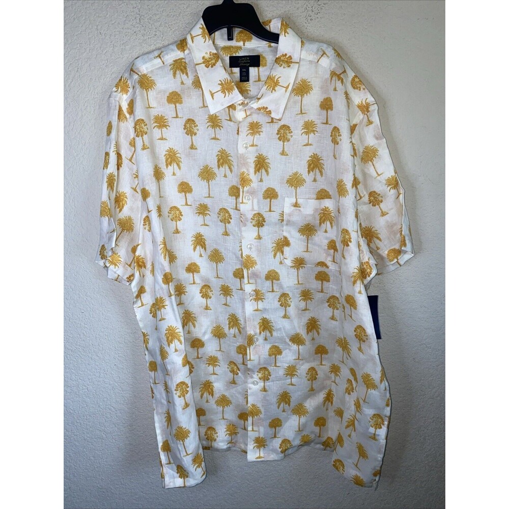 New Club Room Linen shirt button yellow Tropical Palm Trees Hawaiian classy XXL